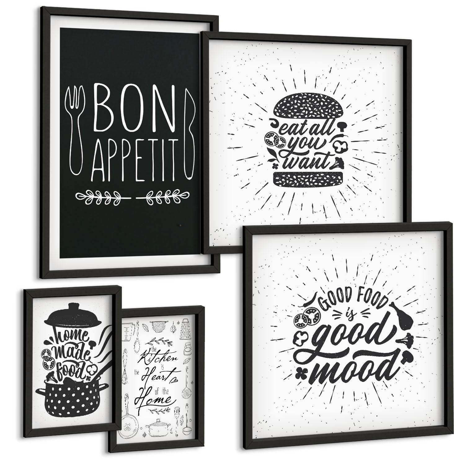 BILDER SET 5er Set - 50x50 cm & 20x30 cm & 40x60 cm Schwarzer Rahmen - Grafiken, Lebensmittel, kulinarische Slogans - Schwarz, Kunststoff (40/60cm) - TULUP