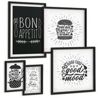 BILDER SET 5er Set - 50x50 cm & 20x30 cm & 40x60 cm Schwarzer Rahmen - Grafiken, Lebensmittel, kulinarische Slogans - Schwarz, Kunststoff (40/60cm) - TULUP