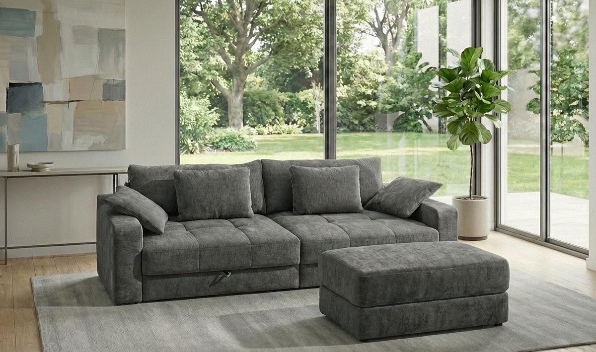 BIG-SOFA mit 2 Bettkästen, viel Stauraum, B274/T113/H84 cm, Liegefläche 103x241 cm, Chenille Grau / 15243 - Schwarz/Grau, Kunststoff/Textil (284/84/113cm) - luma-home