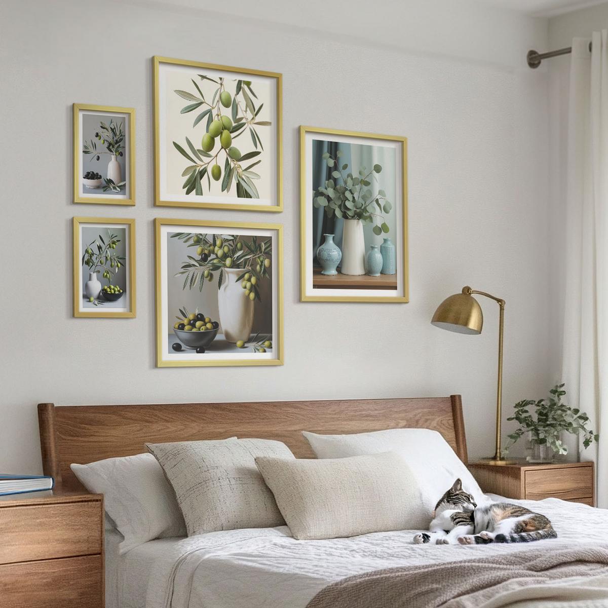BILDER SET 5er Set - 50x50 cm & 20x30 cm & 40x60 cm Goldrahmen - Löwenzahnblüten, pastellfarbene Gräser - Goldfarben, Kunststoff (40/60cm) - TULUP