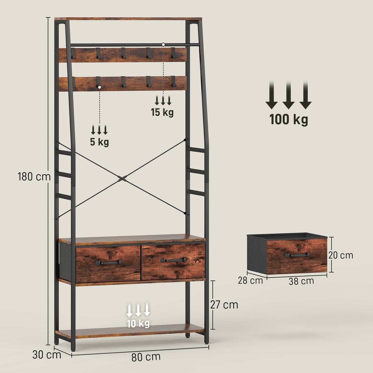 GARDEROBENSTÄNDER Spanplatte Metall Rustikal-Braun - Schwarz/Braun, Holzwerkstoff/Metall (30/180/80cm) - HOMCOM