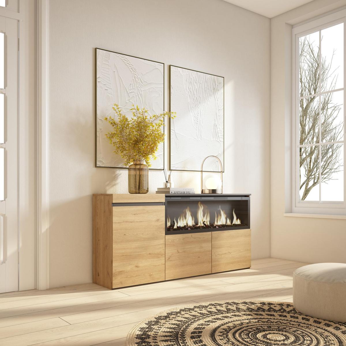 SIDEBOARD, Elektrokamin XXL, eiche, 158/35/75cm - Eichefarben/Schwarz, Holzwerkstoff (158/75/35cm) - Skraut Home