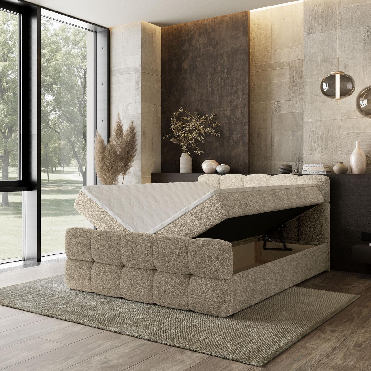 BOXBETT BRUME 180x200 cm mit Matratze und Topper, H2+H3 - Creme - Creme, Holz (180/200cm) - MASSENO
