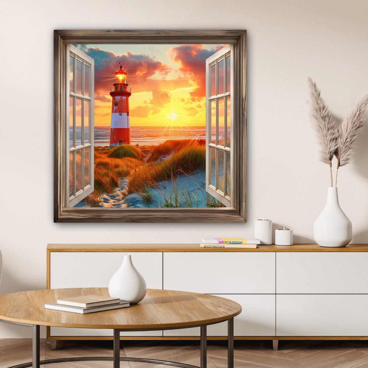 LEINWANDBILD Aussicht - Fenster - Leuchtturm - Sonnenuntergang - Strand Deko Groß 90x90 cm - Dunkelorange, Textil (90/90cm) - MuchoWow