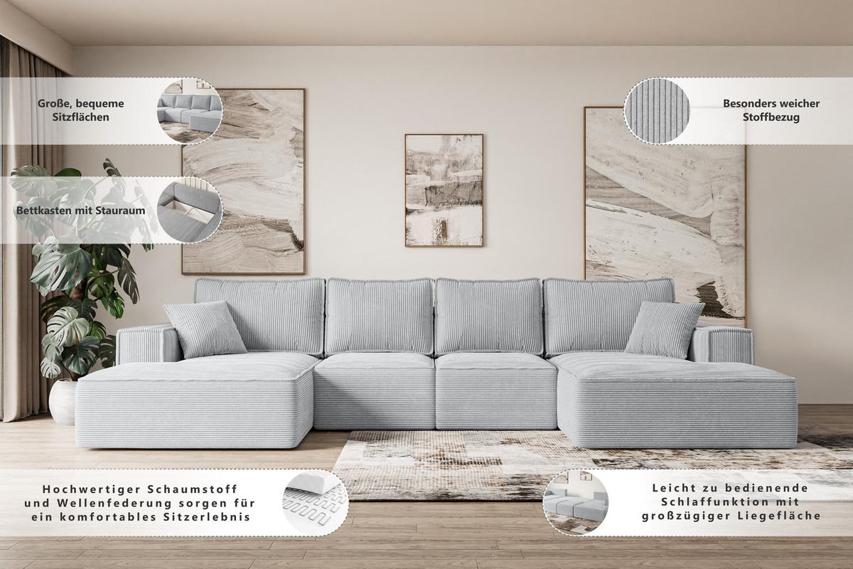 WOHNLANDSCHAFT mit Schlaffunktion und Bettkasten SIERRA-U-S - 349x161x87 cm Creme Cord - Hellgrau/Creme, Holzwerkstoff/Kunststoff (349/87/161cm) - ALTDECOR