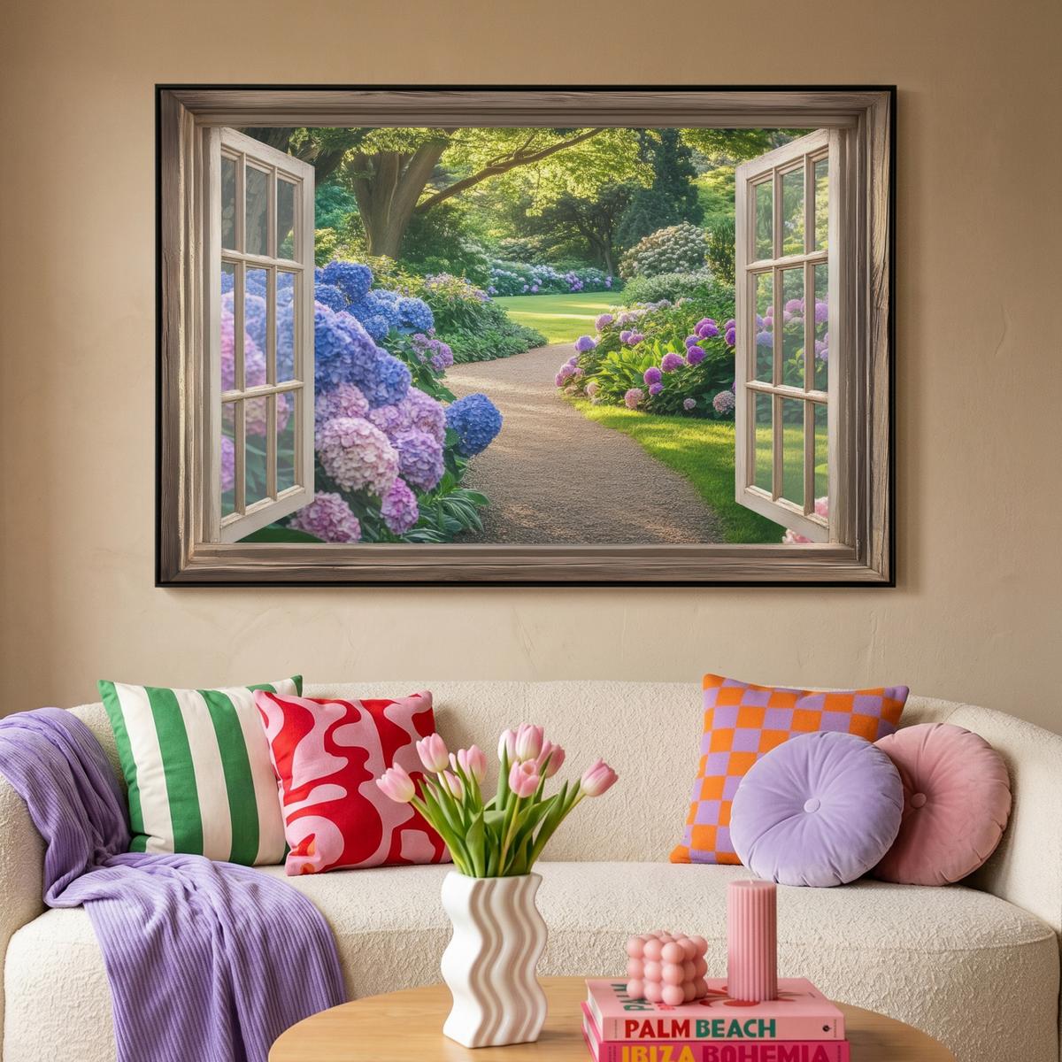 LEINWAND Bilder mit Rahmen - Aussicht - Garten - Fenster - Hortensie - Blumen - 120x80 - Pastellblau, Textil (120/80cm) - MuchoWow
