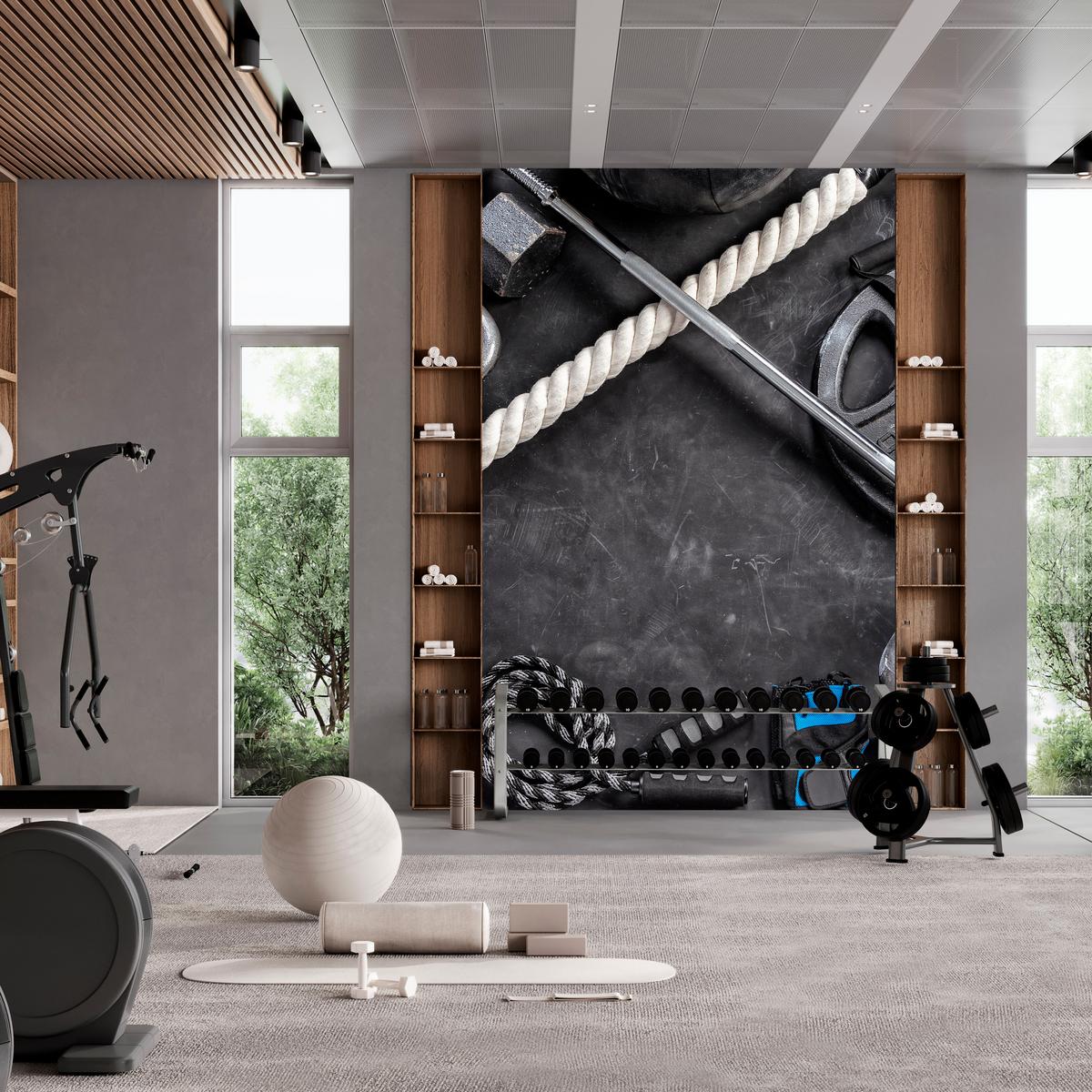 FOTOTAPETE für Fitnessstudio Sportgeräte zum Trainieren Kettlebells Hanteln 150x105 - Blau/Creme, Papier (150/105cm) - Muralo