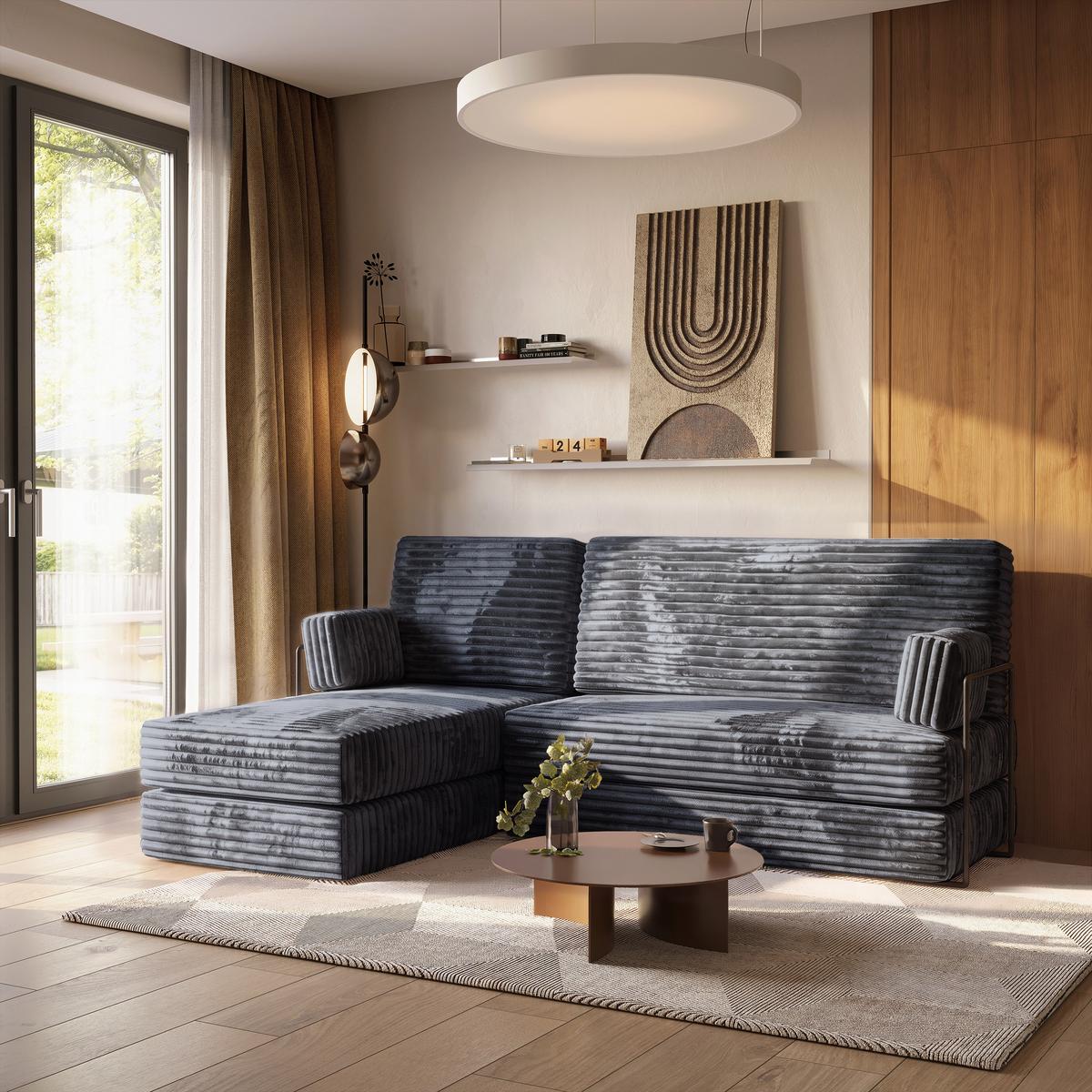 ECKSOFA NOTIA modulares Boneless Sofa mit Schlaffunktion Grau Kordstoff - Dunkelgrau, Textil (200/120cm) - MASSENO