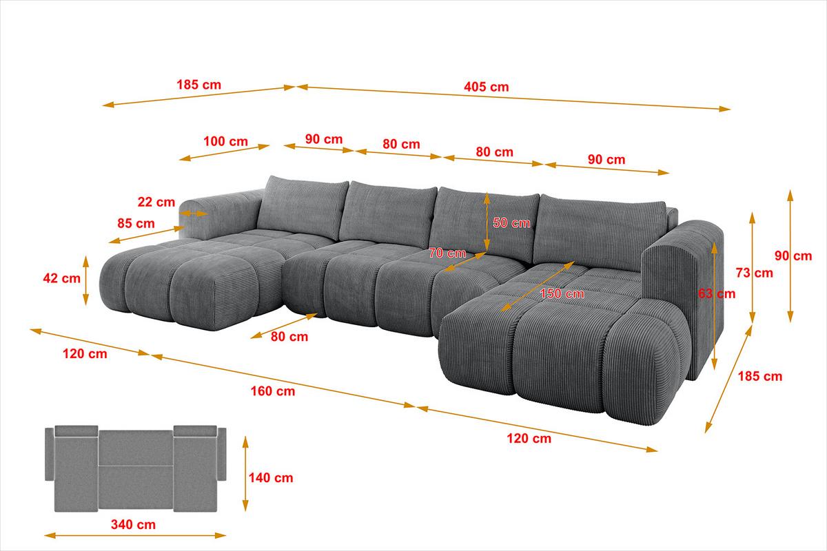 WOHNLANDSCHAFT CLOUD-U 405x185x90 Dunkelgrau Cord - Dunkelgrau, Holzwerkstoff/Kunststoff (405/90/185cm) - ALTDECOR