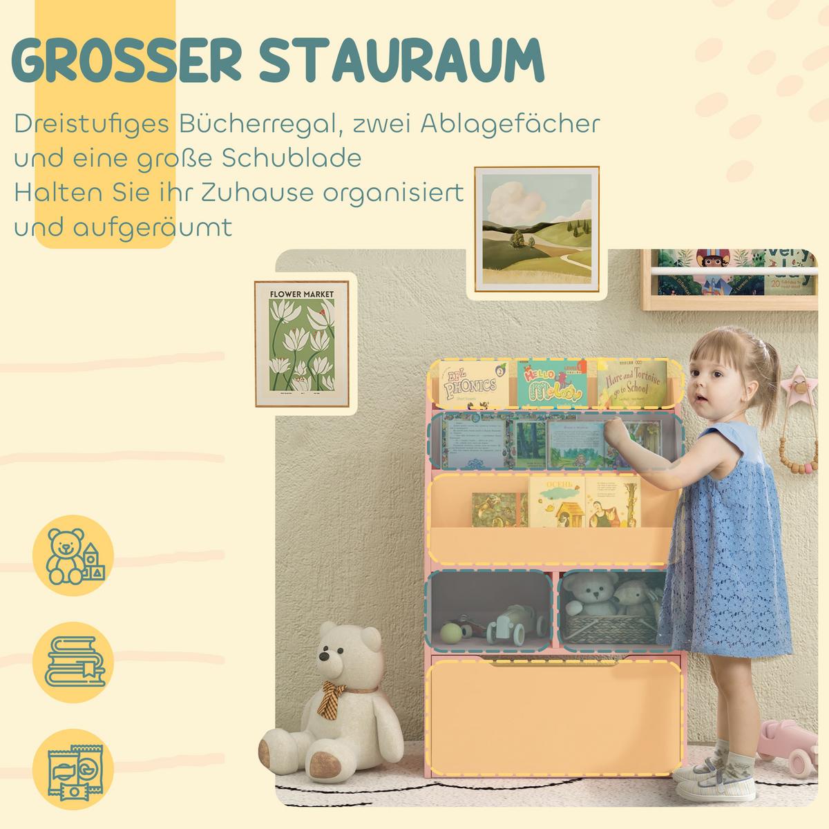 KINDER Bücherregal Kinderregal mit Schublade, 3 Ablagefächern, 2 offenen Fächern - Rosa, Holzwerkstoff (29.9/90/60cm) - HOMCOM