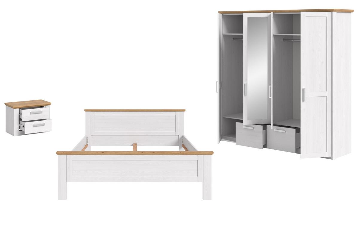 SCHLAFZIMMER weiß Lärche, Eiche Artisan Landhaus, Komplettset mit Bett, Kleiderschrank und Nachttisch - Eichefarben/Silberfarben, Holzwerkstoff/Kunststoff (180/200cm) - Inn.Furn