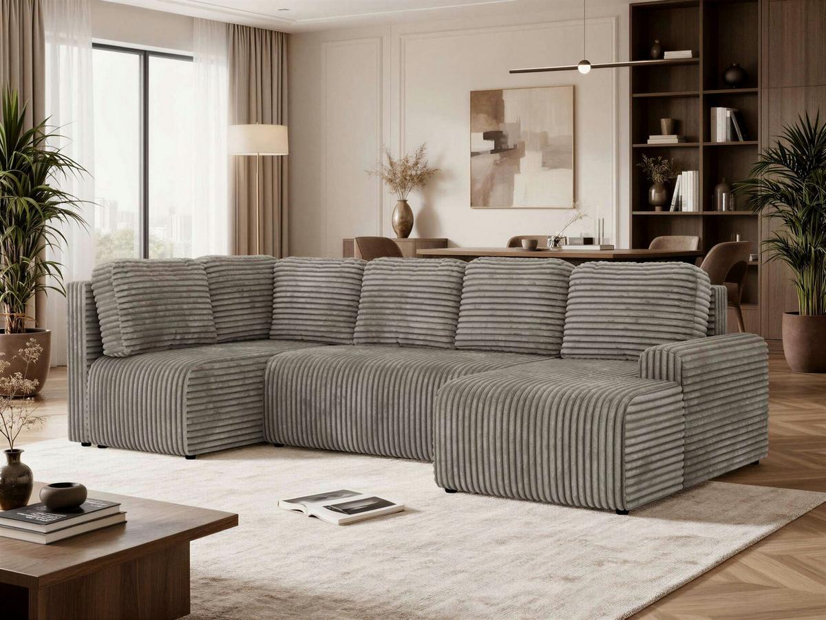 WOHNLANDSCHAFT NESSARO COR U Hellbraun Cord - Links Seite - Hellbraun/Schwarz, Kunststoff/Textil (307/92/151cm) - MKS