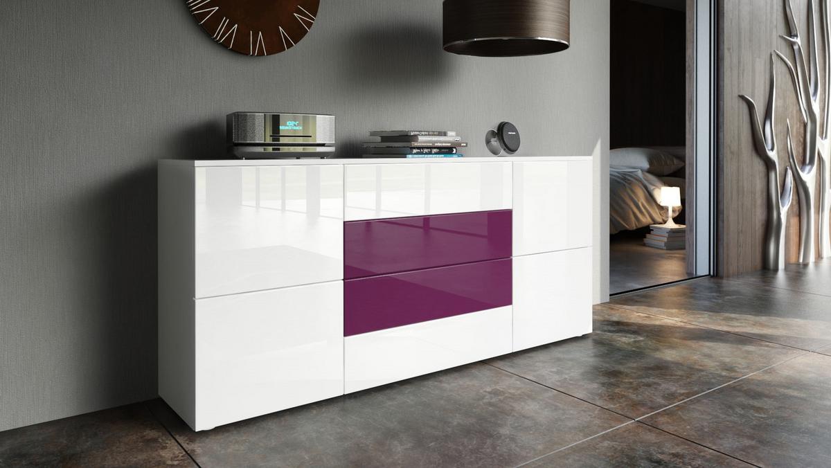 SIDEBOARD Rova Weiß Hochglanz / Brombeer Hochglanz - Weiß Hochglanz/Violett, Holzwerkstoff (166/72/35cm) - Vladon