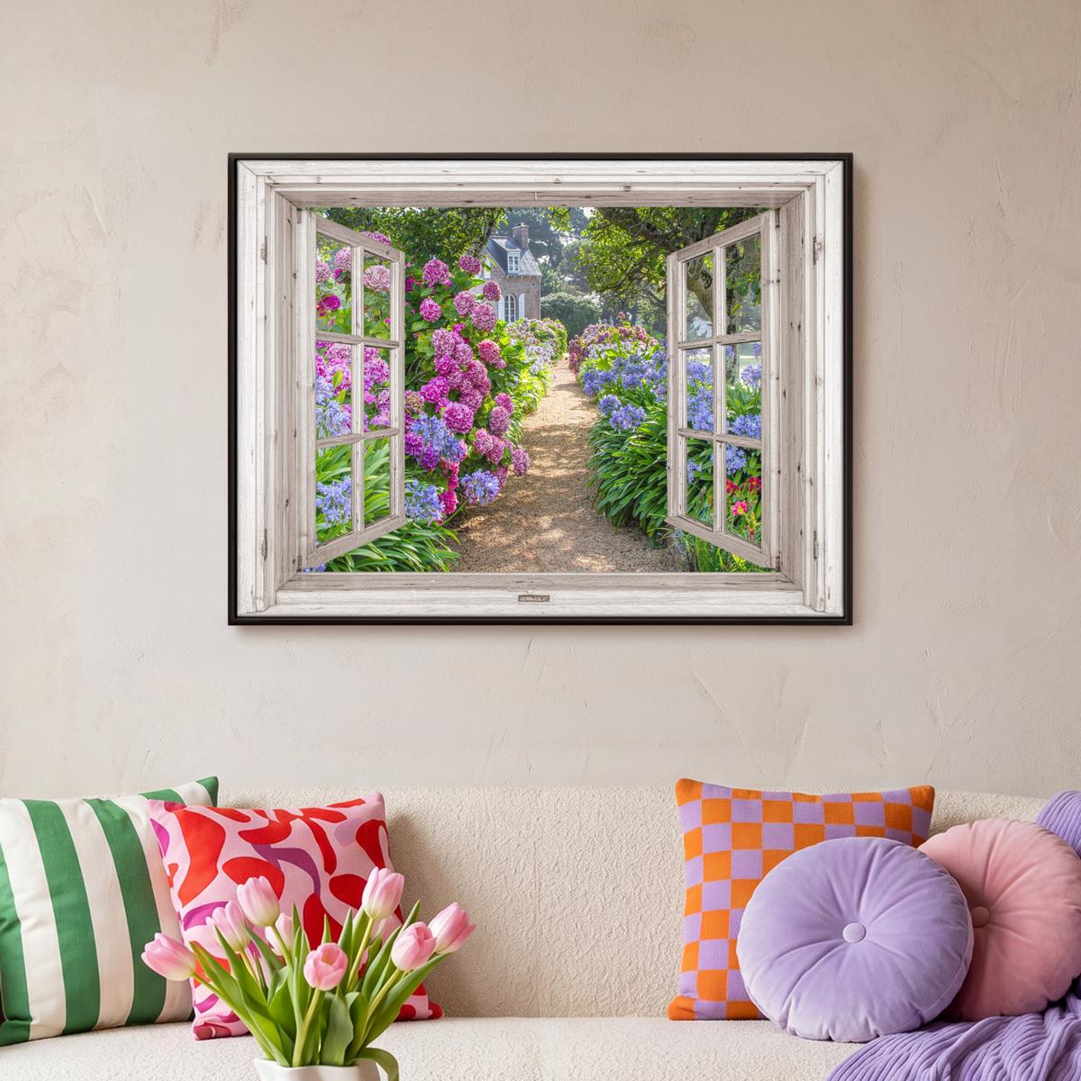 LEINWAND Bilder mit Rahmen - Hortensie - Durchsichtig - Blumen - Sommer - Lila - Weg - 70x50 - Lila, Textil (70/50cm) - MuchoWow