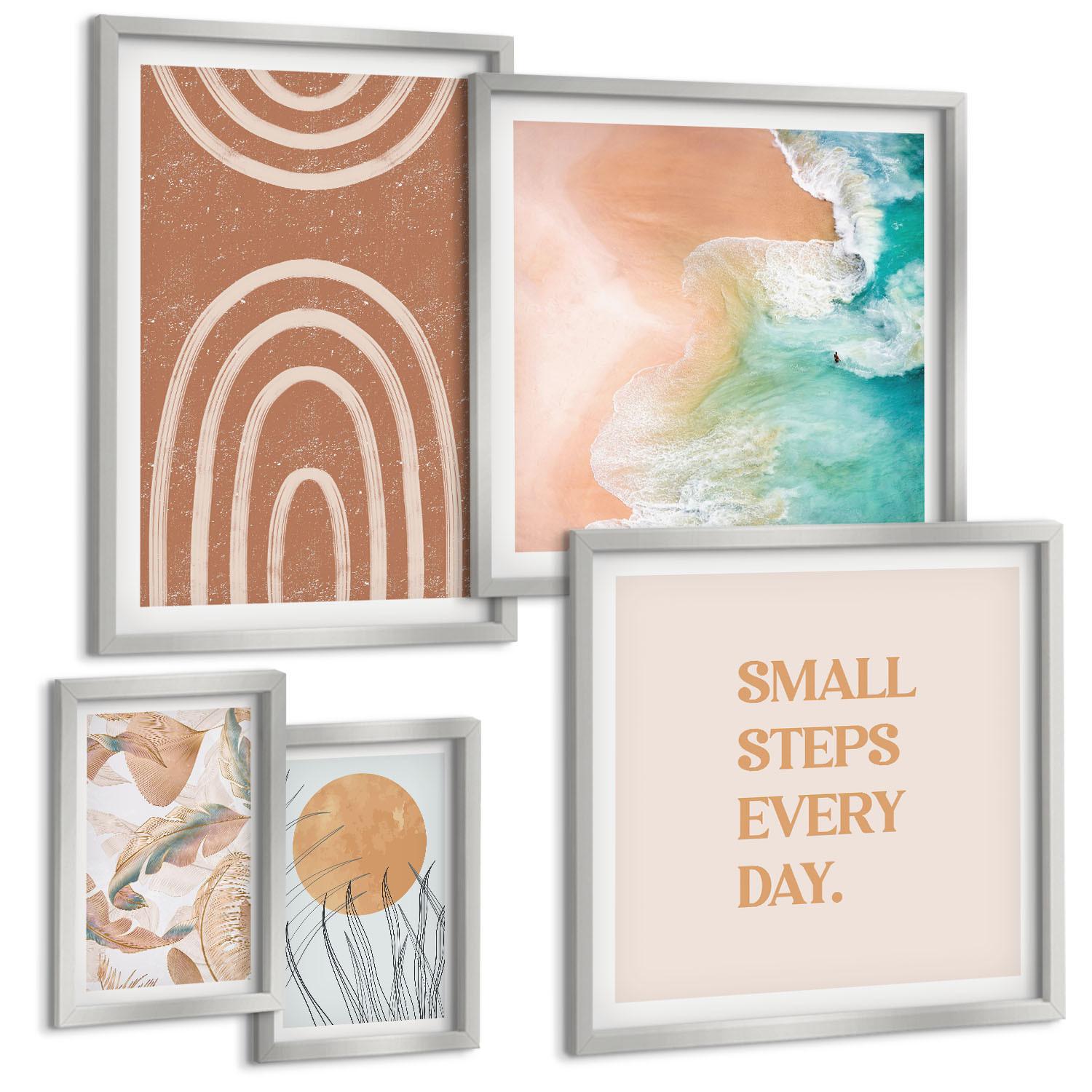 BILDER SET 5er Set - 50x50 cm & 20x30 cm & 40x60 cm Silberner Rahmen - Familie liebt Zuhause Aquarell - Silberfarben, Kunststoff (40/60cm) - TULUP