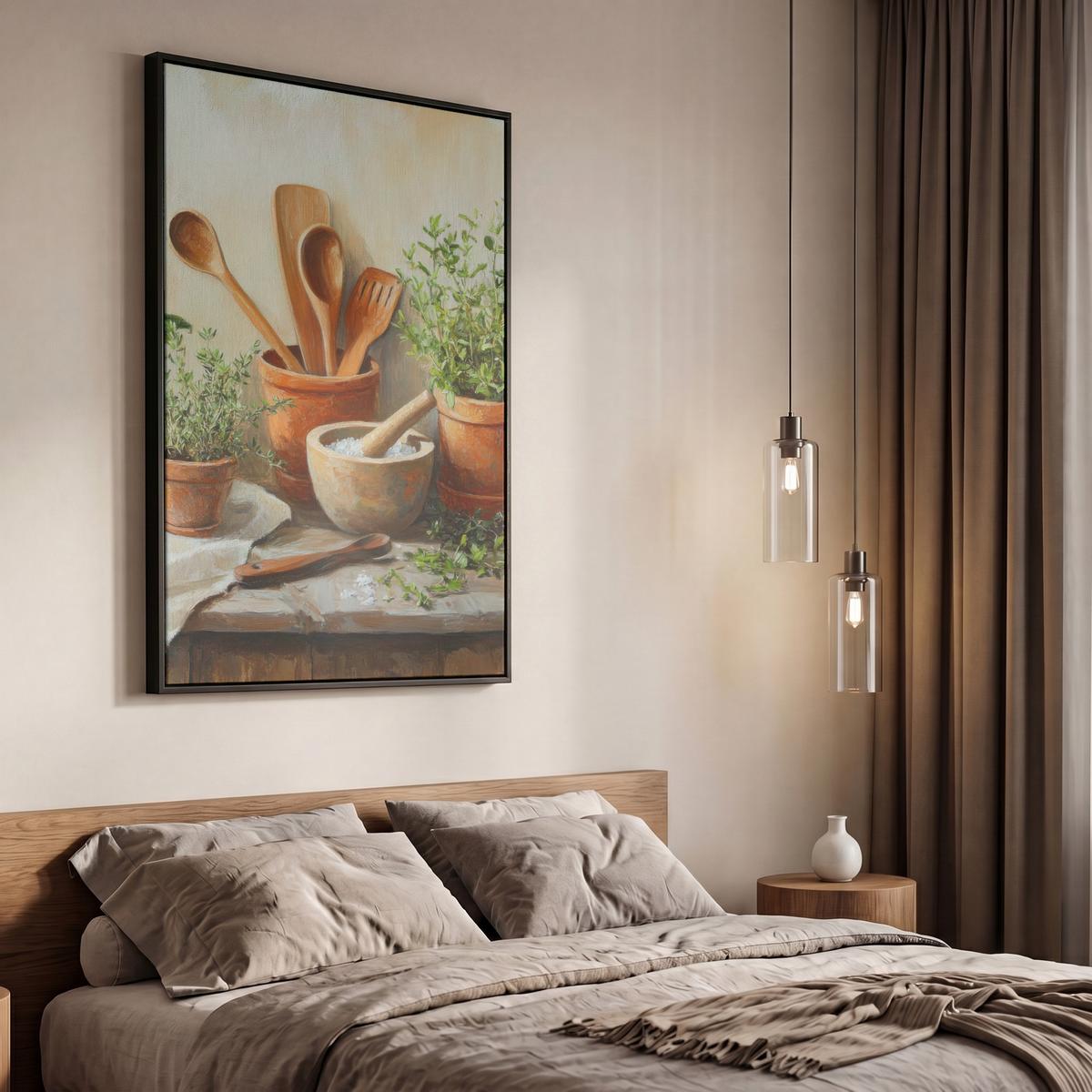LEINWAND Bilder mit Rahmen - Töpfe - Kräuter - Holz - 60x90 - Terracotta, Textil (60/90cm) - MuchoWow