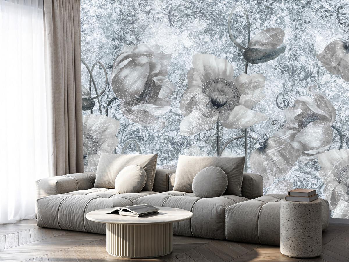 FOTOTAPETE für Wohnzimmer Grau Mohnblumen Beton Blumen Blätter 250x175 - Grau, Papier (250/175cm) - Muralo