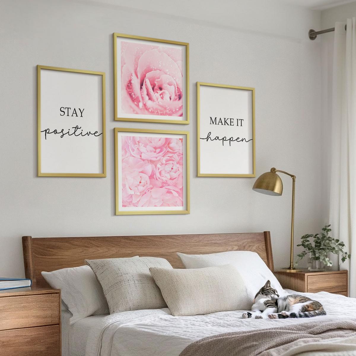 BILDER SET 4er Set - 50x50 cm & 40x60 cm Goldrahmen - Minimalistische rosa Blüten - Goldfarben, Kunststoff (50/50cm) - TULUP