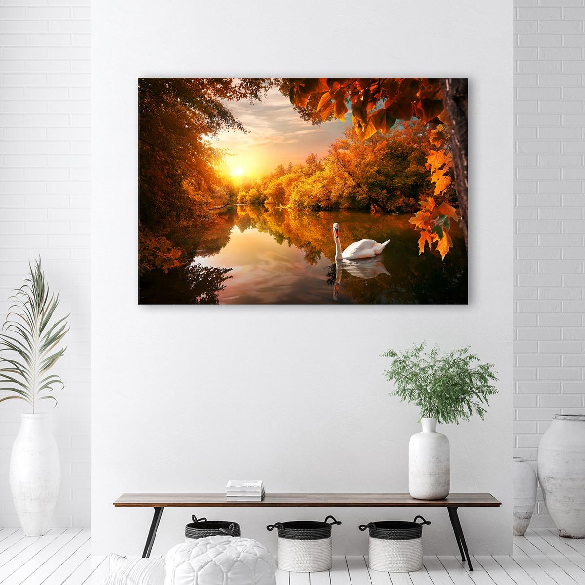 WANDBILD schwan auf dem teichherbst - Orange, Textil (60/40cm) - Feeby