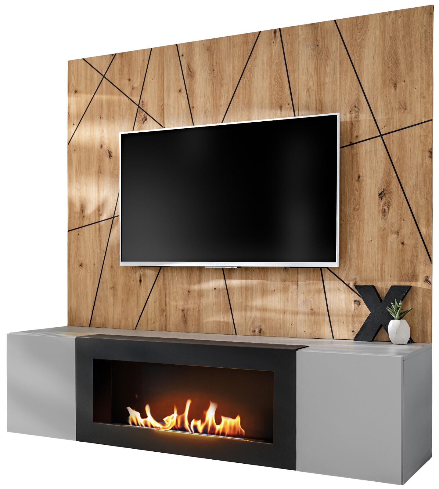TV-LOWBOARD grau, Eiche Artisan, TV-Unterschrank 160 cm Set mit Ethanol Kamin und Akustikpaneel - Hellgrau/Schwarz, Glas/Holzwerkstoff (160/148/35cm) - Inn.Furn