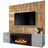 TV-LOWBOARD grau, Eiche Artisan, TV-Unterschrank 160 cm Set mit Ethanol Kamin und Akustikpaneel - Hellgrau/Schwarz, Glas/Holzwerkstoff (160/148/35cm) - Inn.Furn