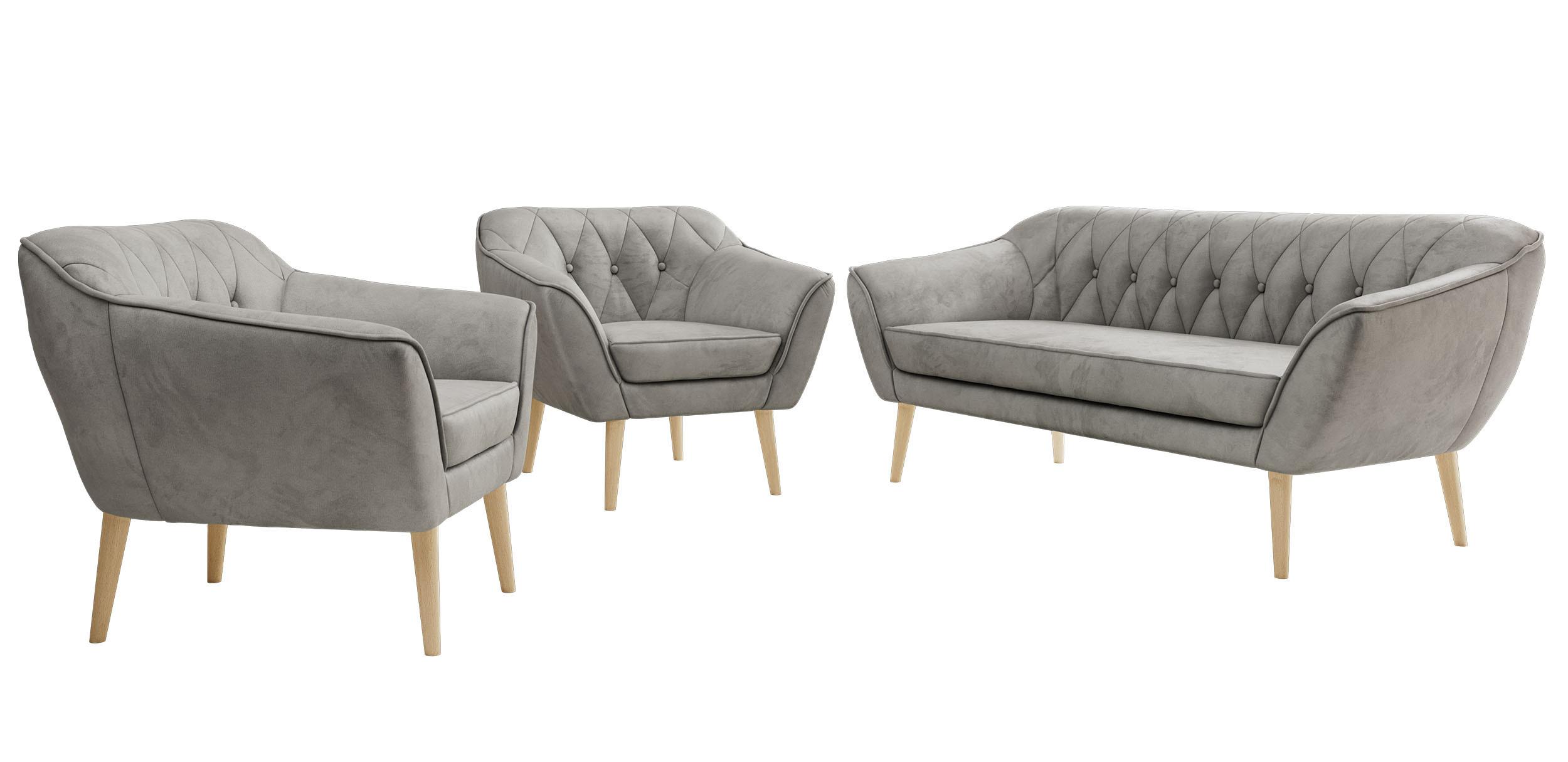 SITZGARNITUR PIRS 3+1+1 - Hellgrau Velvet - Holzbeine - Buchefarben/Hellgrau, Holzwerkstoff/Textil (180/75/74cm) - MKS