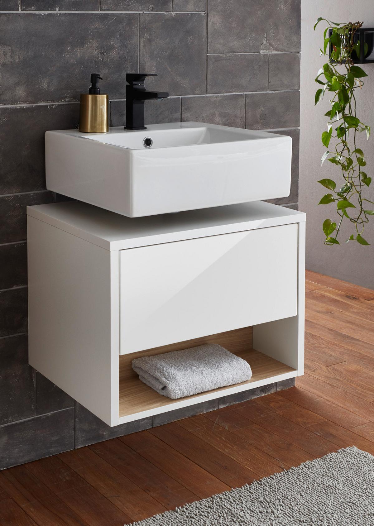 WASCHBECKENUNTERSCHRANK weiß Hochglanz, Eiche 60 cm, Bad Unterschrank mit Push-to-Open - Weiß Hochglanz, Holzwerkstoff (60/44/46cm) - Furn.Design