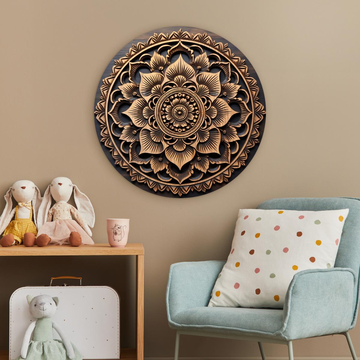 WANDBILD Mandala - Holz - Blumen - Braun Wanddeko Schlafzimmer 60x60 cm - Gelb, Kunststoff (60/60cm) - MuchoWow
