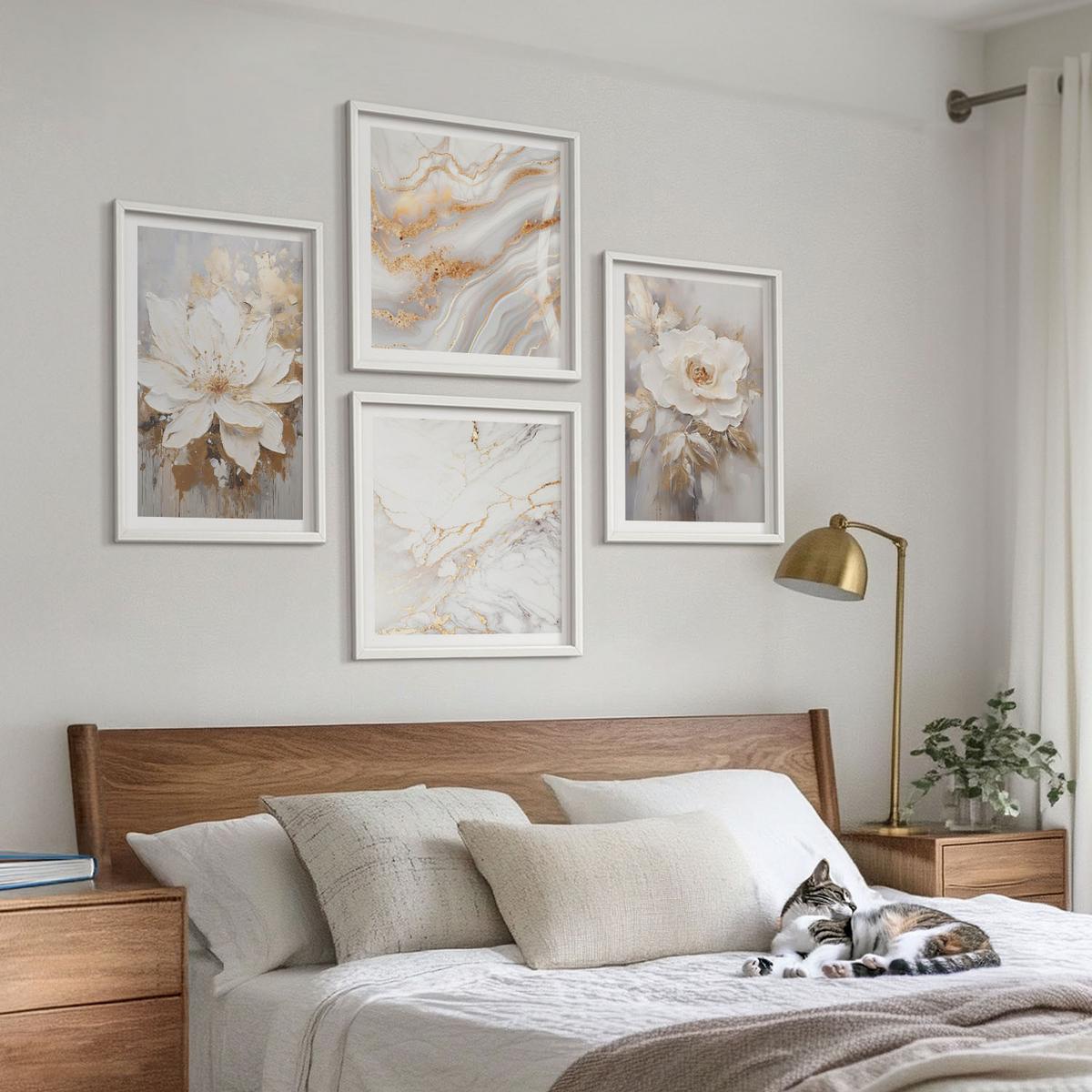 BILDER SET 4er Set - 50x50 cm & 40x60 cm Weißer Rahmen - Blumen, heller Hintergrund, Marmormuster - Weiß, Kunststoff (50/50cm) - TULUP