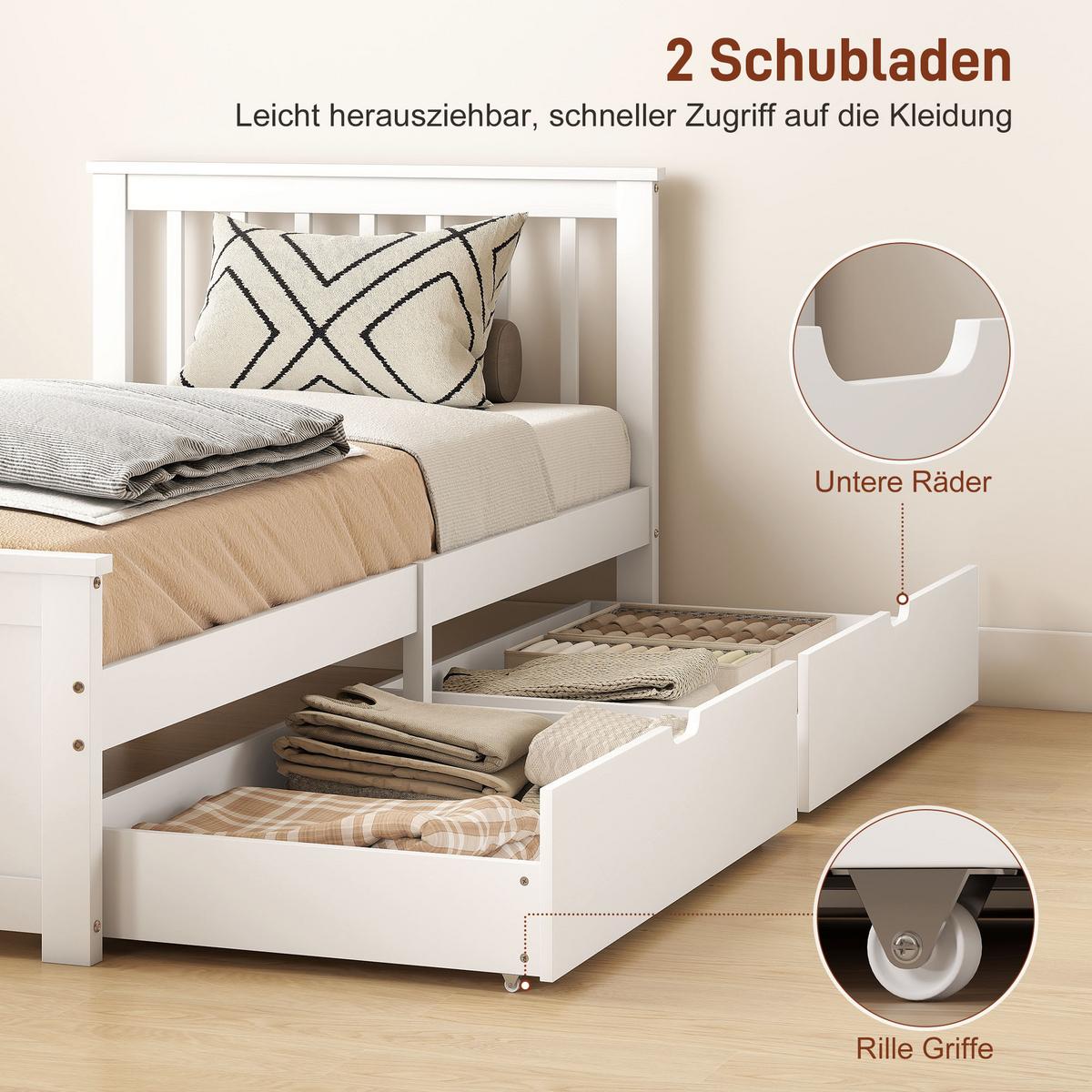 BETTGESTELL Kiefernholz MDF Weiß - Weiß, Holzwerkstoff (90/200cm) - HOMCOM