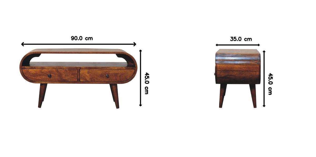 RUNDER TV-Ständer im Kastanienholz-Finish, 2 Schubladen, 1 Offenes Fach, Nordische Beine - Kastanienfarben/Messingfarben, Holz/Metall (90/45/35cm) - Artisan Furniture