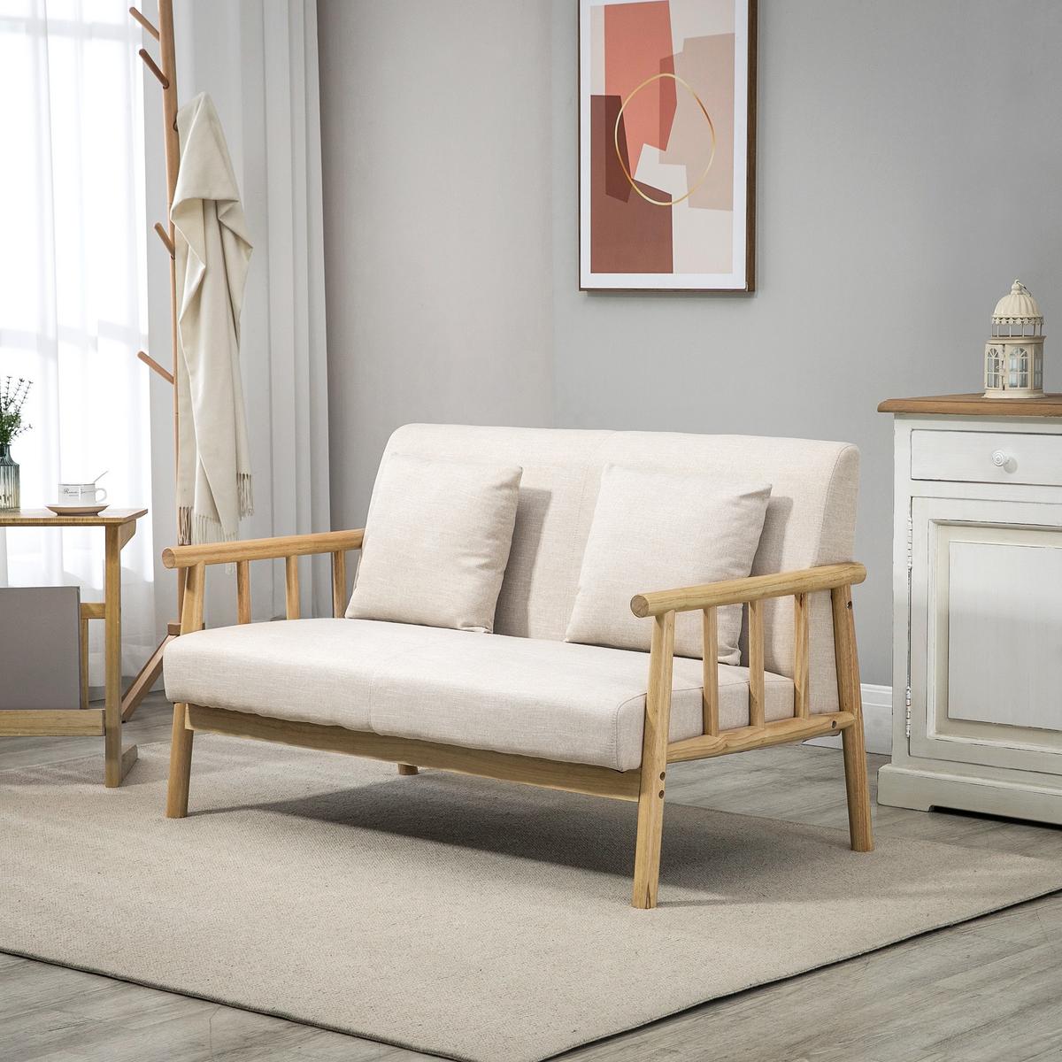 2 Sitzer Sofa, Couch mit 2 Lendenkissen, Leinenoptik für kleine Räume Beige - Beige, Kunststoff (69/74/123cm) - HOMCOM
