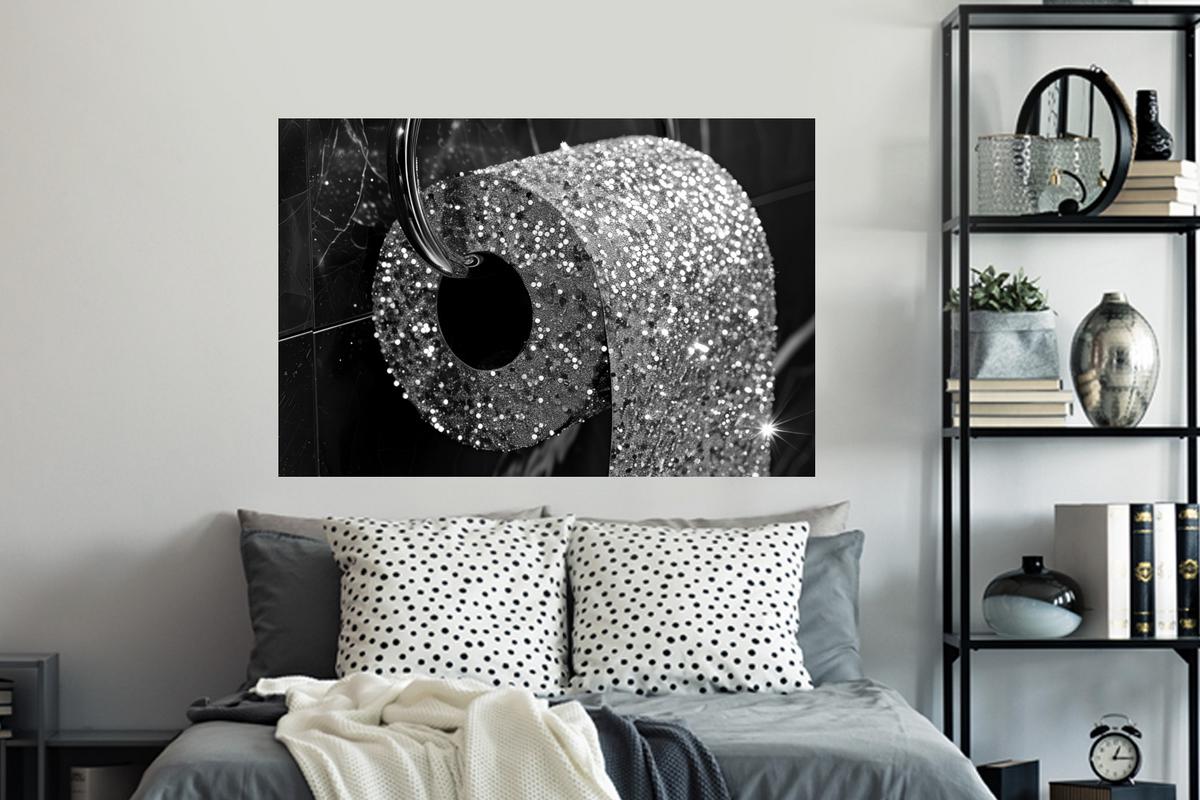 WANDTATTOO WC - Toilettenpapier - Schwarz und weiß - Glitter Wandsticker 120x80 cm - Silberfarben, Kunststoff (120/80/0.1cm) - MuchoWow
