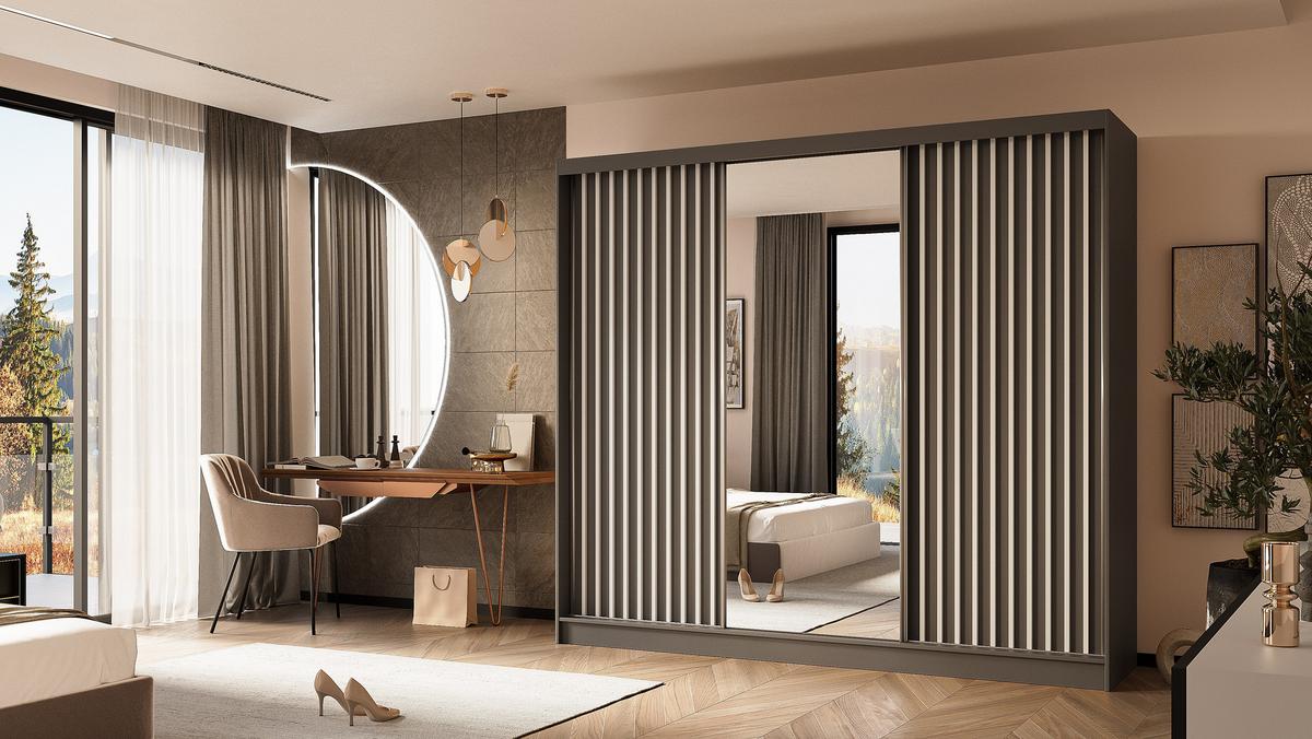 KLEIDERSCHRANK mit Spiegel-Schiebetüren und Aluminium-Leisten, LED-Beleuchtung - LAMELO - 240 cm Grau+Grau+Weiß - Weiß/Grau, Holzwerkstoff (240/216/61cm) - ALTDECOR