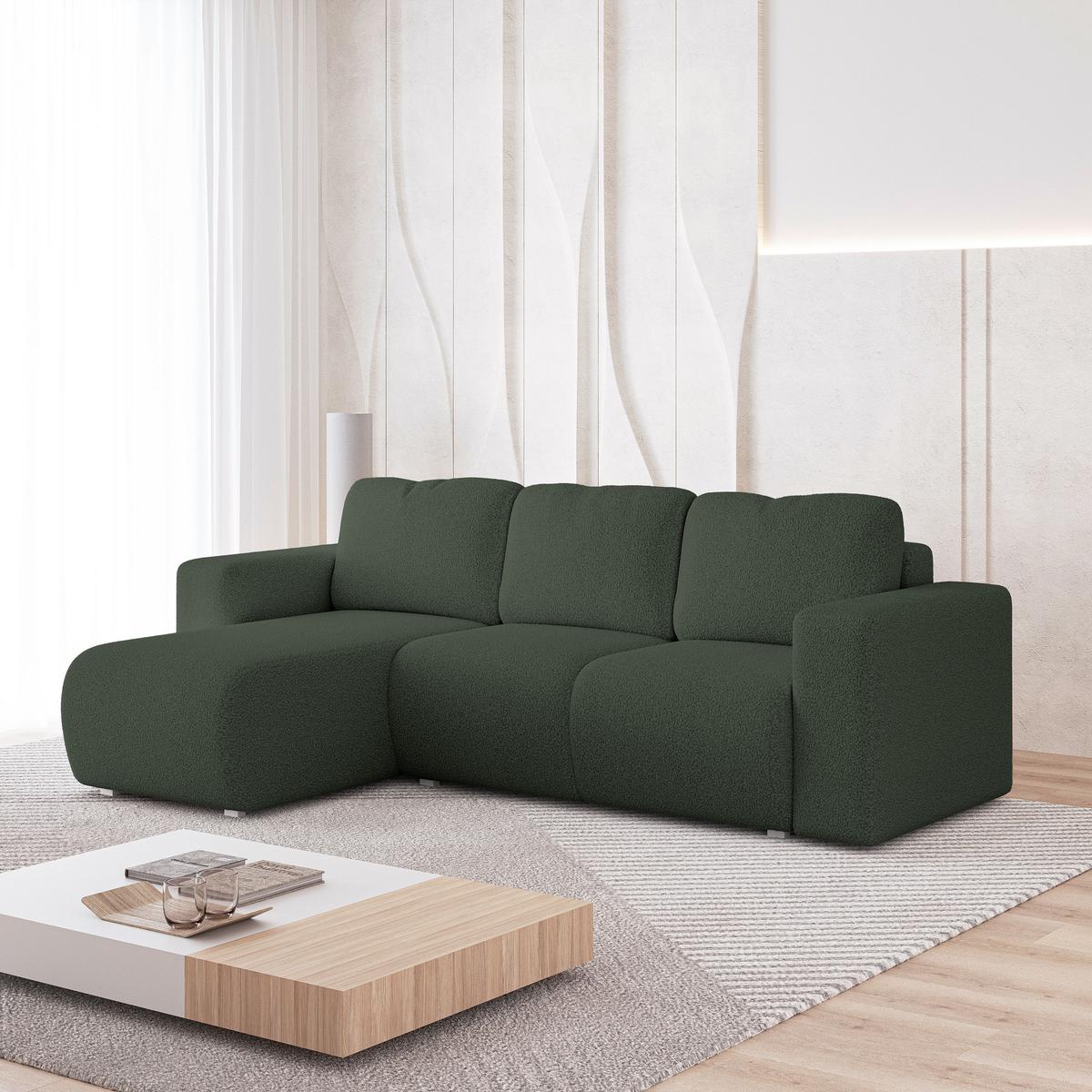 ECKSOFA RINOVA Grün Boucle-Stoff mit Schlaffunktion - Grün, Holz (250/143cm) - MASSENO