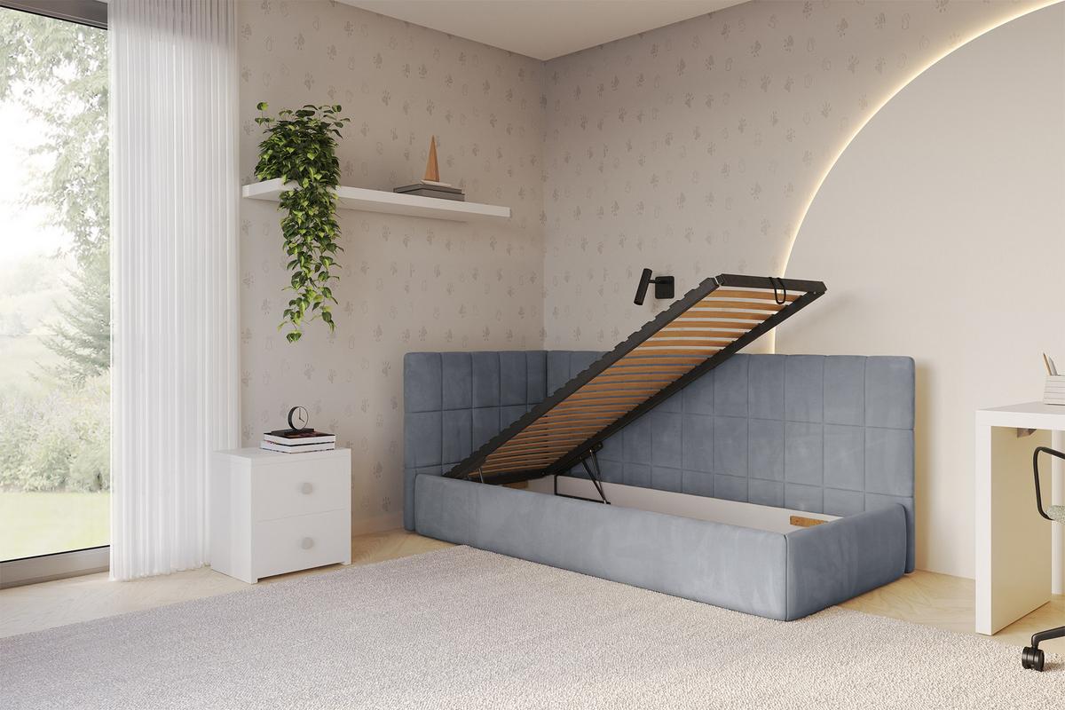 EINZELLBETT Jugendbett mit Bettkasten und Matratze H3/H4, Rechts - TULY 100x200 Grau - Blaugrau, Holzwerkstoff/Textil (100/200cm) - ALTDECOR