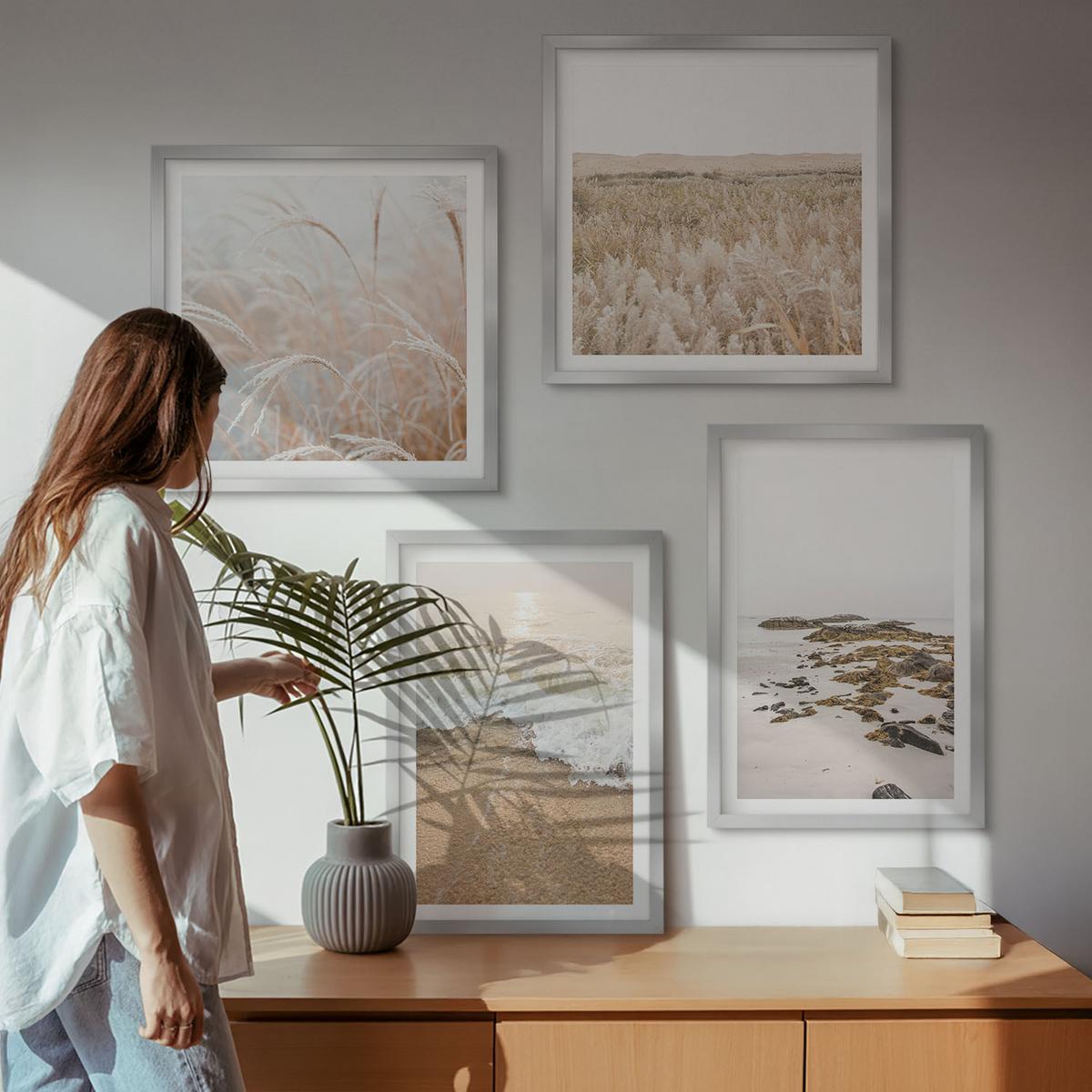 BILDER SET 4er Set - 50x50 cm & 40x60 cm Silberner Rahmen - Strandwellen, Steine, Sommer - Silberfarben, Kunststoff (50/50cm) - TULUP
