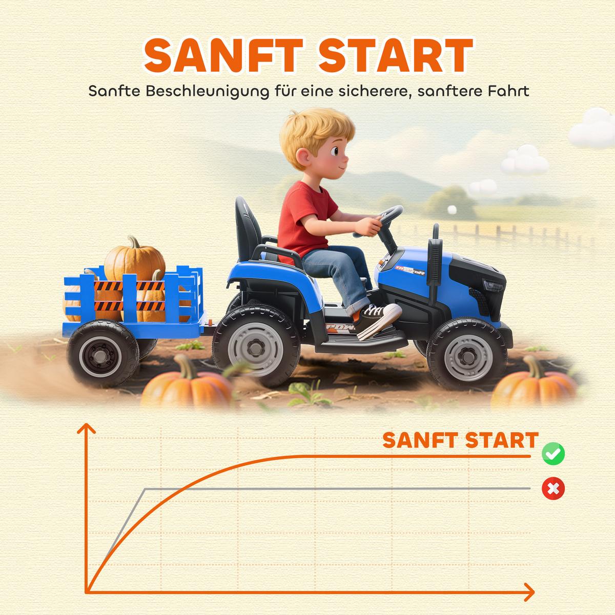 KINDER-ELEKTROTRAKTOR 3-Gang mit Anhänger, 2 Motor, für 3-8 Jahre, Blau - Blau, Metall (139/58/55cm) - AIYAPLAY