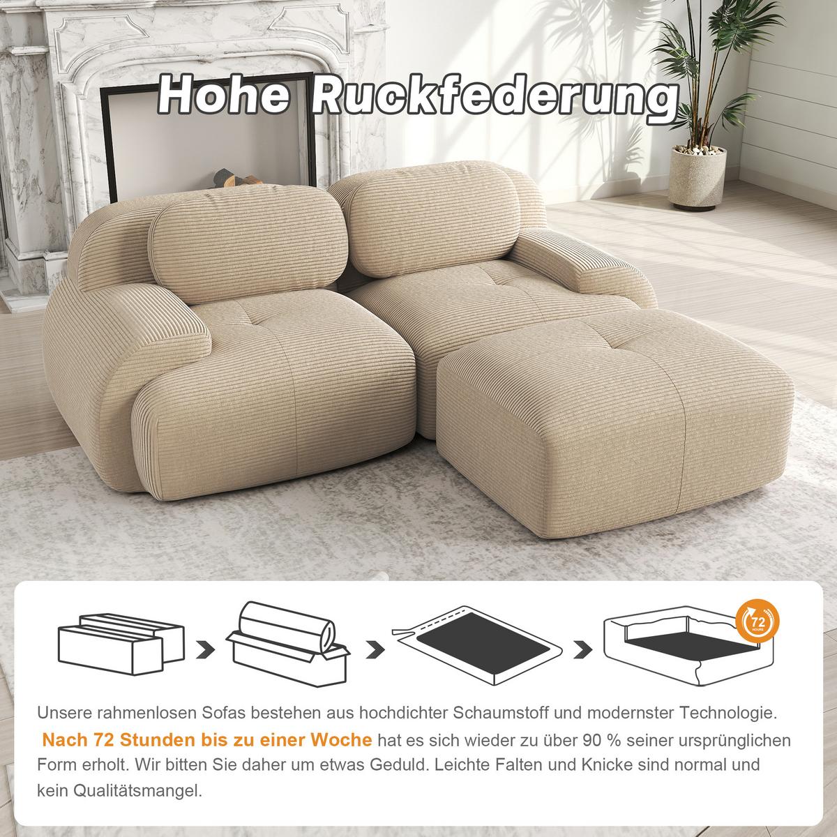 ECKSOFA Modulares Boneless Cord Sofa 2-Sitzer - Beige, Textil (208/178cm) - Urban Meuble