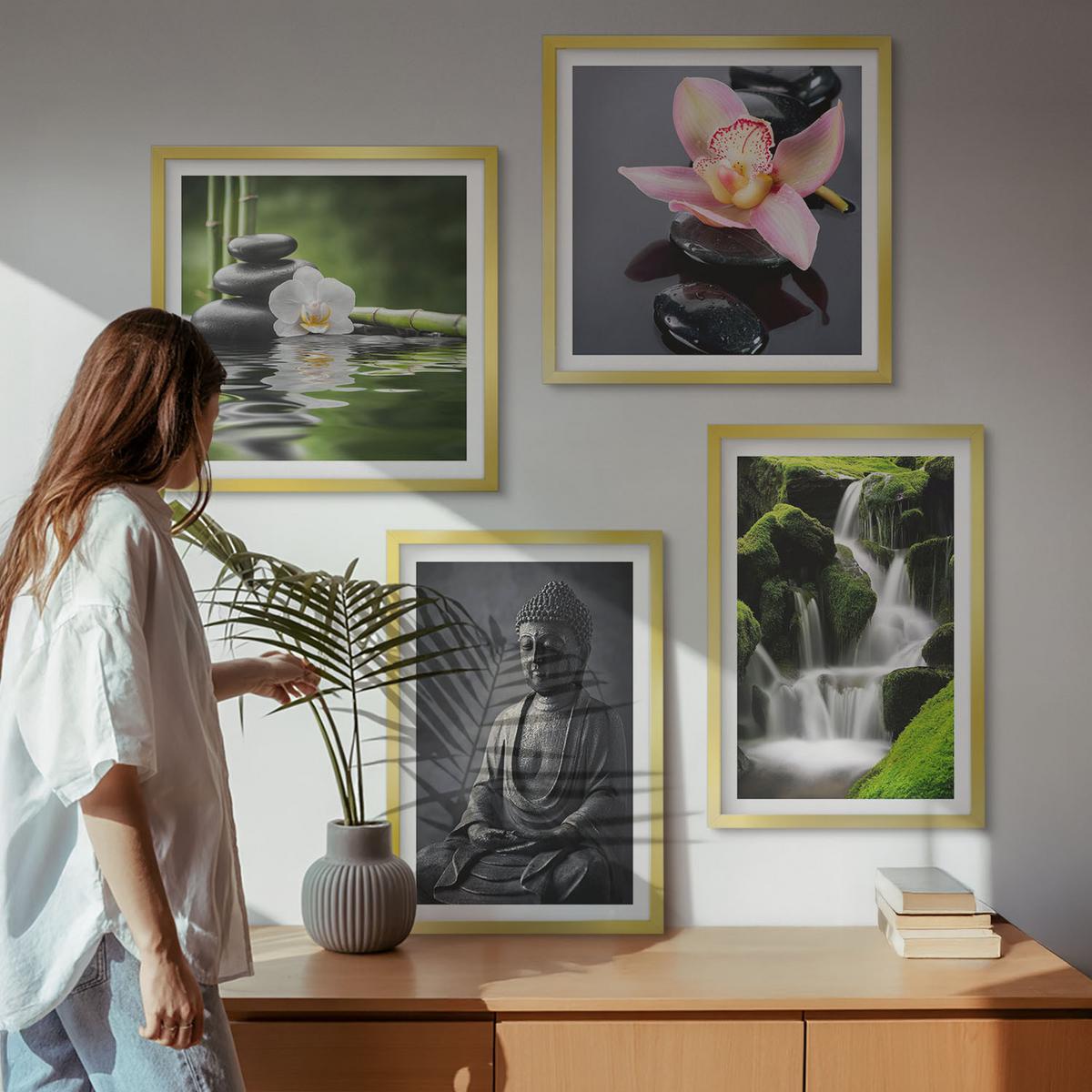BILDER SET 4er Set - 50x50 cm & 40x60 cm Goldrahmen - Zen-Gemälde, Wassersteine, Buddha - Goldfarben, Kunststoff (50/50cm) - TULUP