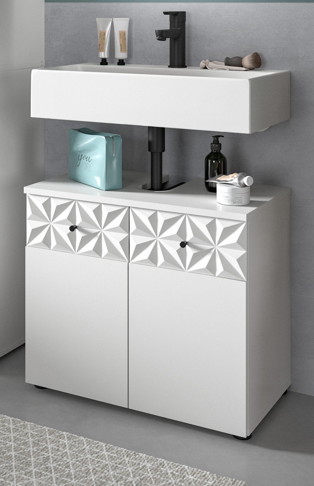WASCHBECKENUNTERSCHRANK weiß Hochglanz 60 cm, Badschrank mit 3D-Struktur - Weiß Hochglanz/Schwarz, Holzwerkstoff/Kunststoff (60/54/34cm) - Inn.Furn
