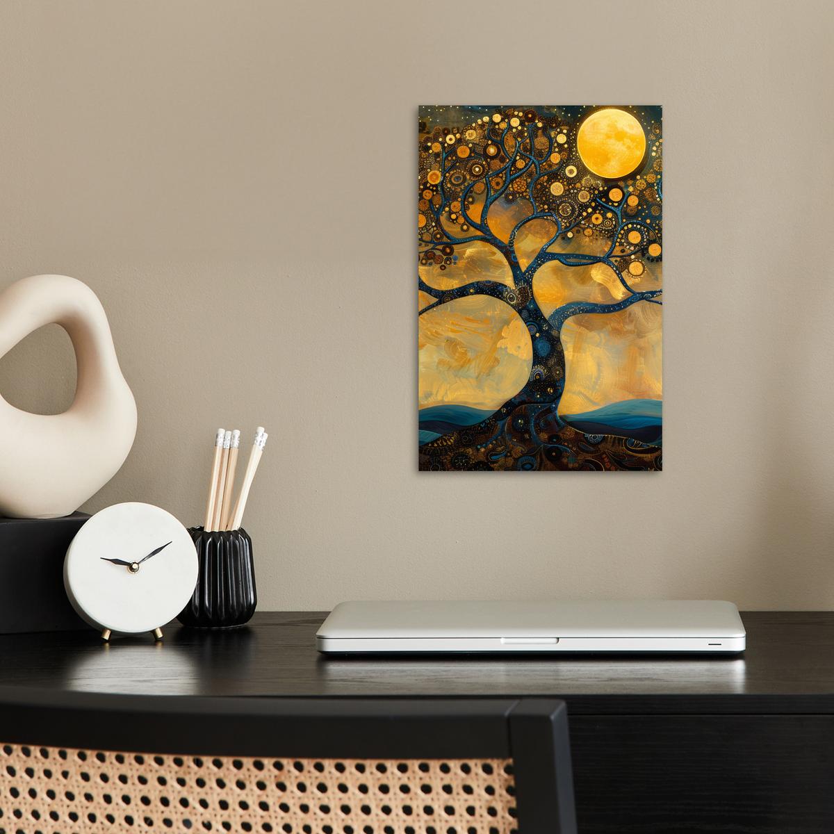 POSTER Baum - Mond - Blumen - Gold - Kunst Room Decor 20x30 cm - Orange, Papier (20/30/0.1cm) - MuchoWow