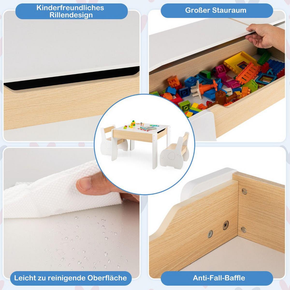 KINDERTISCH mit Stuhl weiß(3-tlg) - Weiß/Naturfarben, Holzwerkstoff (63.5/48/61.5cm) - COSTWAY