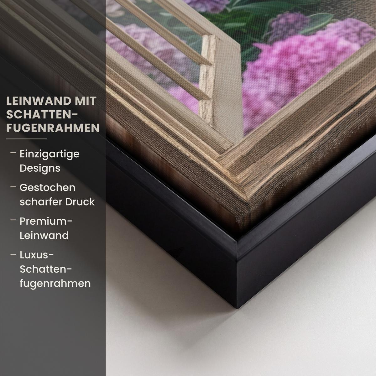 LEINWAND Bilder mit Rahmen - Aussicht - Garten - Fenster - Hortensie - Blumen - 60x80 - Pastellblau, Textil (60/80cm) - MuchoWow