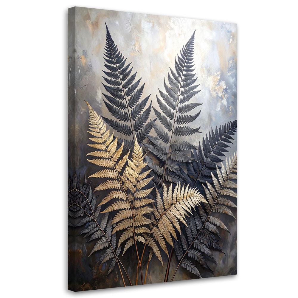 BILD auf Leinwand, Schwarz-goldene Farnblätter auf beigem Hintergrund - Schwarz, Textil (70/100cm) - Feeby