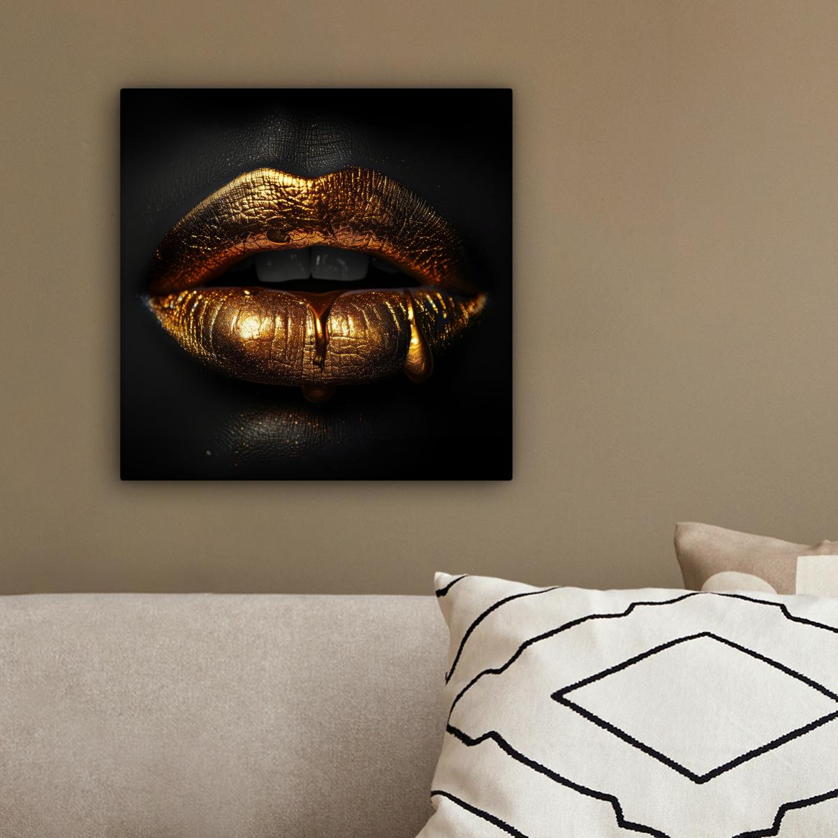 LEINWANDBILD Frau - Porträt - Lippen - Gold - Schwarz Deko Wohnzimmer 20x20 cm - Schwarz, Textil (20/20cm) - MuchoWow