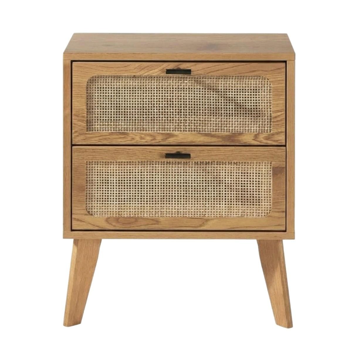 NACHTTISCH mit 2 schubladenrattanfronten und holzdekorbeinen alia 45/29/56 cm - Eschefarben, Holzwerkstoff (45/56/29cm) - Calicosy