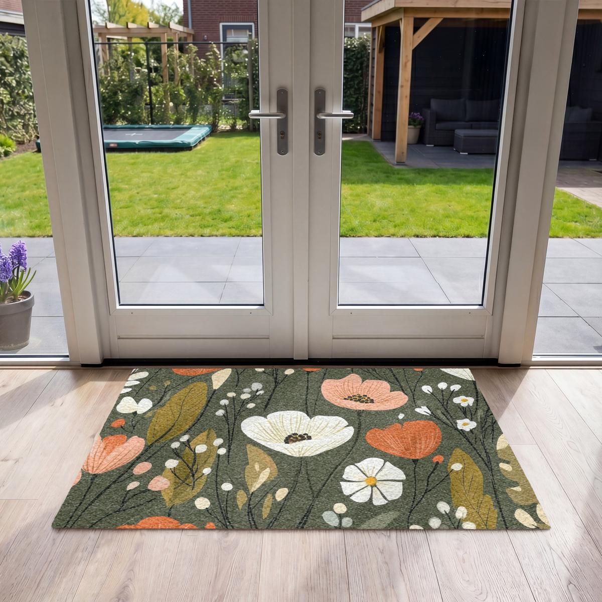 FUSSMATTE Blumen - Illustration - Grün Flurteppich 120x80 cm - Dunkelgrün, Kunststoff (120/0.4cm) - MuchoWow