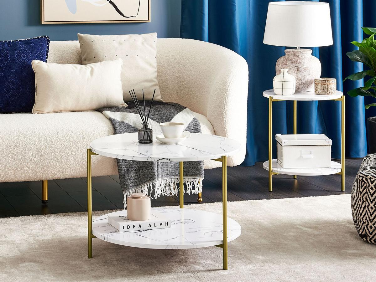 COUCHTISCH Marmor Optik weiß/gold 60 cm Reva - Goldfarben/Weiß, Holzwerkstoff (60/60/45cm) - Beliani