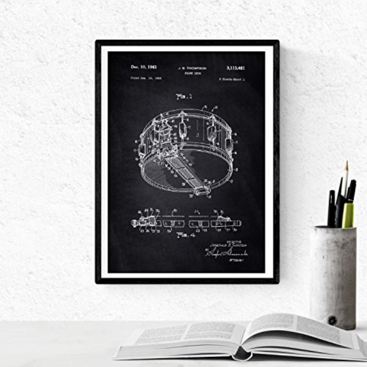 POSTER Set mit 4 Schwarz Patent für Musikinstrumente A4 Schwarzer Rahmen - Schwarz, Papier (29.7/3cm) - Nacnic
